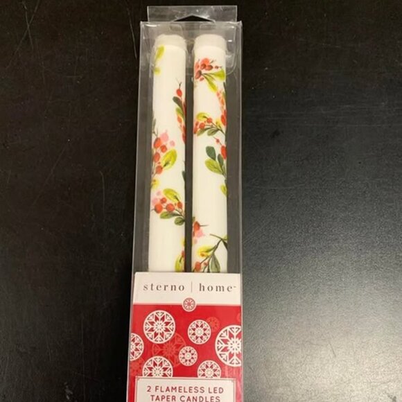 Brand New Sterno Home Flameless LED Taper Candles Holiday Floral Berries 9”. - Picture 1 of 4